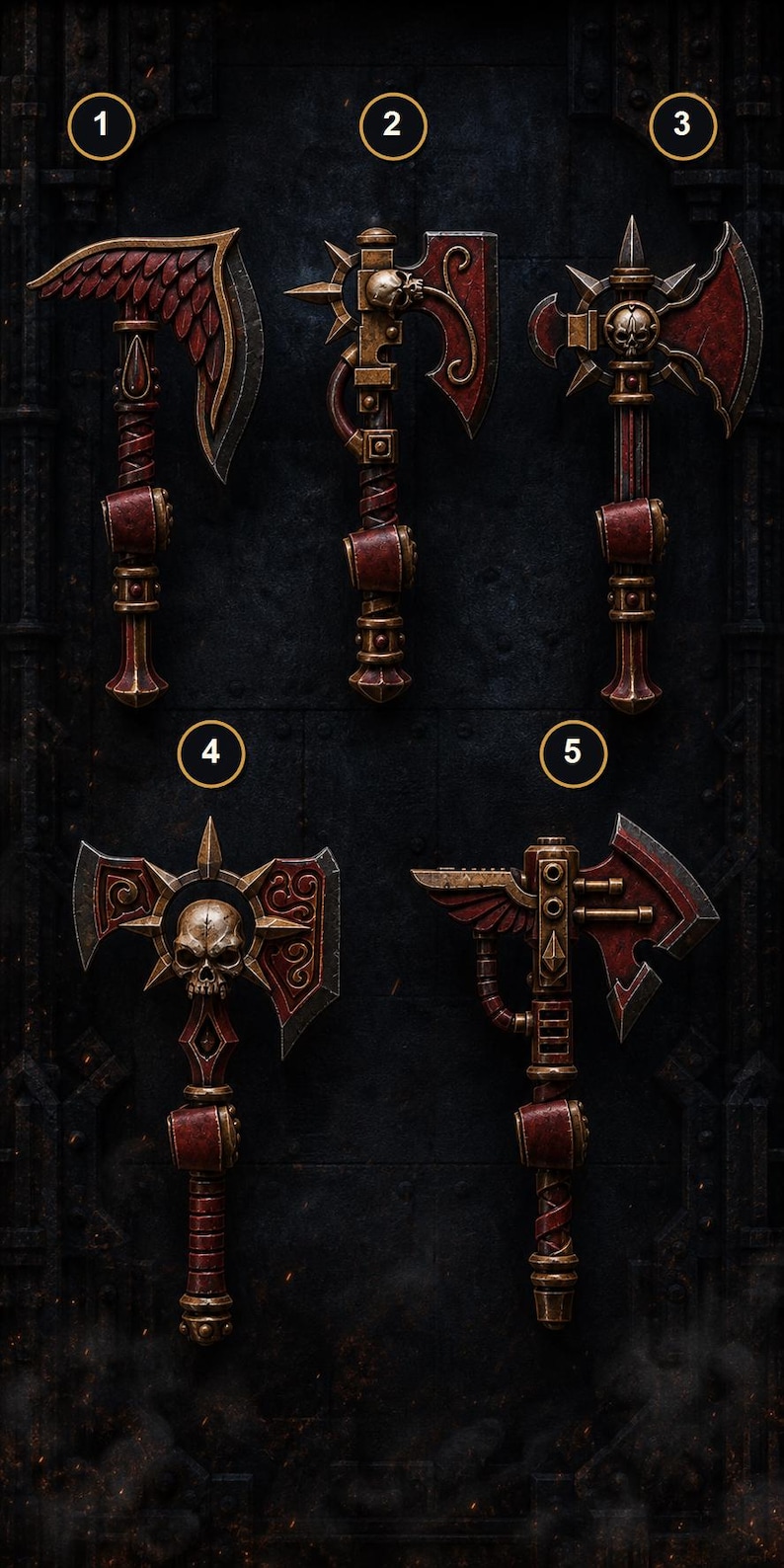 K&ouml;nnte beinhalten: F&uuml;nf verschiedene Fantasy-&Auml;xte in einem Raster angeordnet, jede mit metallischen Bronze- und tiefroten Farbt&ouml;nen. Die Designs umfassen gefl&uuml;gelte Klingen, Totenkopfmotive und komplexe mechanische Details, alle nummeriert von eins bis f&uuml;nf.