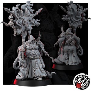 May include: A gray resin miniature figure of a hooded character wearing studded armor and a long robe, holding a tall staff topped with a skull and flame-like details. The figure features tentacle-like appendages and is shown from front and back views.