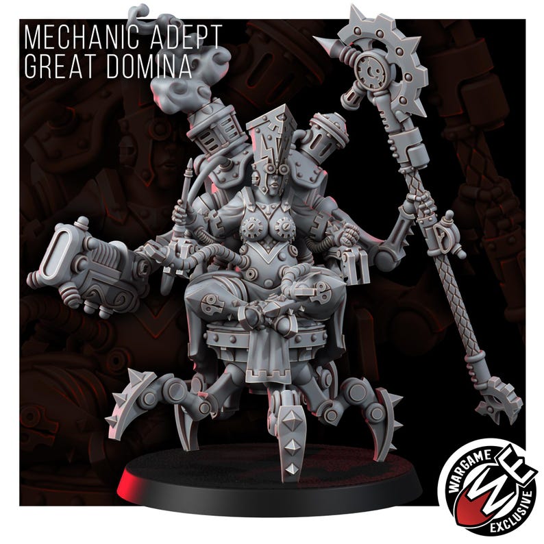 K&ouml;nnte beinhalten: Eine graue Harz-Miniaturfigur mit der Aufschrift Mechanic Adept Great Domina, die einen sitzenden Charakter mit kybernetischen Erweiterungen, mehreren mechanischen Gliedma&szlig;en, einer hohen Kopfbedeckung und einem Stab mit Zahnradspitze zeigt.