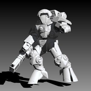 May include: A white, unpainted miniature figurine of a futuristic soldier in heavy armor. The figure features a helmet with a visor, a large backpack unit, and a rectangular firearm held in the right hand, with the left arm extended forward.