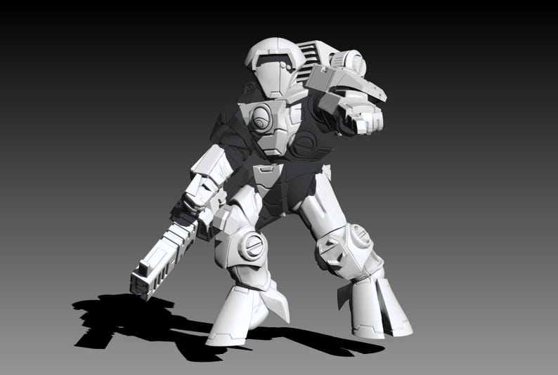May include: A white, unpainted miniature figurine of a futuristic soldier in heavy armor. The figure features a helmet with a visor, a large backpack unit, and a rectangular firearm held in the right hand, with the left arm extended forward.