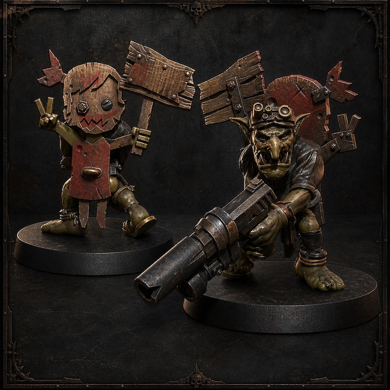 May include: Two miniature goblin figures on circular black bases. One figure wears a wooden mask with a jagged mouth and holds a wooden sign. The other figure has green skin, wears goggles, and holds a large metallic firearm with both hands.