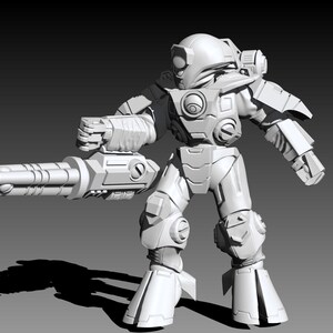 May include: A white, unpainted miniature figurine of a futuristic armored soldier in a standing pose. The figure wears a rounded helmet, chest plating, and heavy boots, and holds a large, multi-barreled rotary cannon in its right hand.
