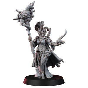 May include: A gray unpainted miniature figure wearing ornate armor and a tall helmet, holding a staff topped with a large eye-like orb in one hand and a small horned creature in the other, standing on a circular black base.