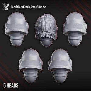 Puede incluir: Cinco cabezas en miniatura grises para figuras de juego, incluyendo cuatro cascos lisos id&eacute;nticos con parte superior redondeada y una cabeza con cabello ondulado texturizado. Cada pieza tiene una articulaci&oacute;n circular. Texto DakkaDakka.Store y 5 HEADS.