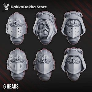 May include: A set of six grey miniature resin heads featuring various helmet designs, including knight-style visors, fleur-de-lis emblems, and hooded figures adorned with floral crowns. The collection includes diverse facial armor and headgear.