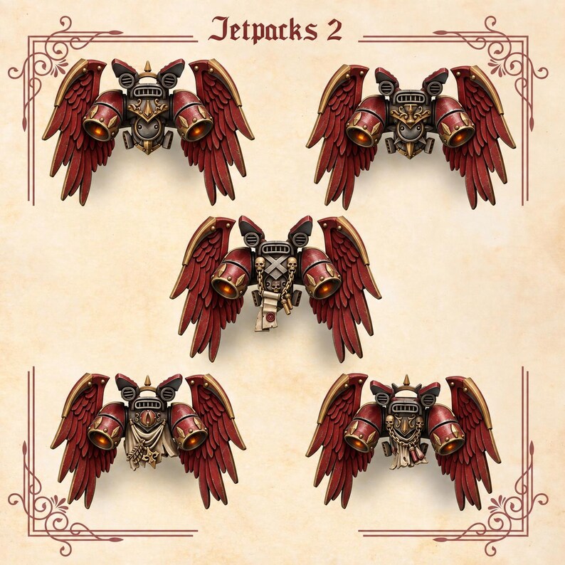 Pode incluir: Cinco jetpacks em miniatura com asas vermelhas emplumadas, acabamentos em dourado met&aacute;lico e componentes de motor cinza-escuro. Cada unidade apresenta detalhes esculpidos &uacute;nicos, incluindo cr&acirc;nios, correntes e pergaminhos. O texto Jetpacks 2 aparece no topo.