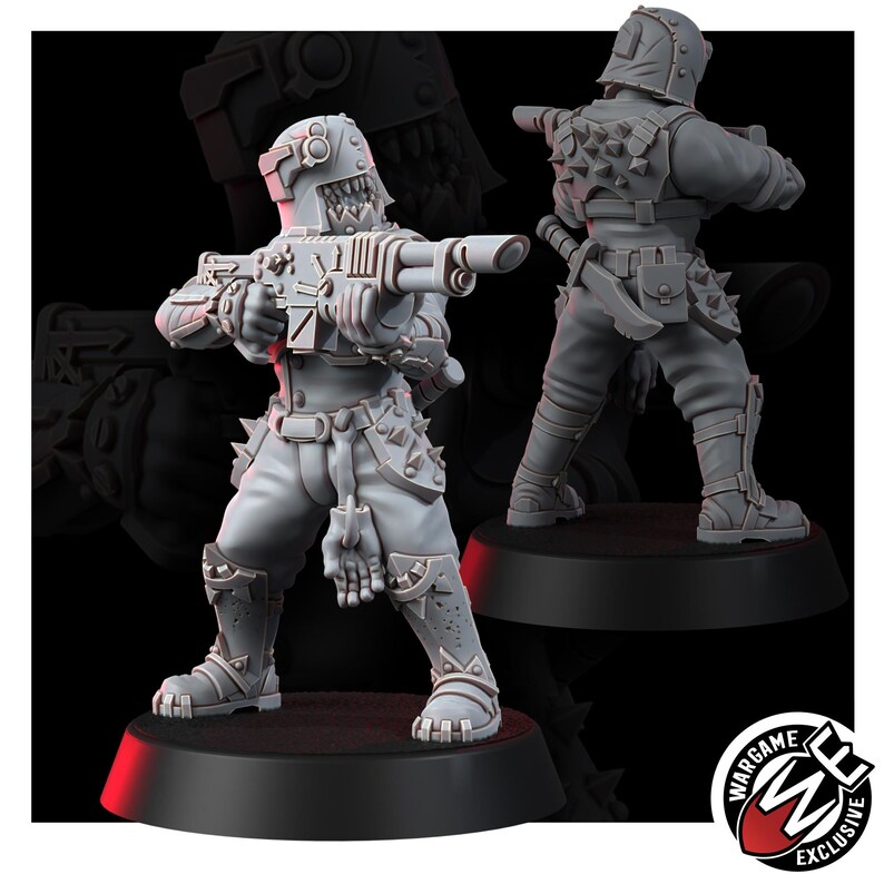 K&ouml;nnte beinhalten: Eine graue Miniaturfigur aus Harz, die einen Soldaten mit einem stacheligen Helm und einer gezahnten Gesichtsmaske darstellt, der ein Gewehr h&auml;lt. Die Figur hat stachelige Schulterpanzer, einen G&uuml;rtel mit Taschen und einen handf&ouml;rmigen Anh&auml;nger.