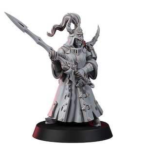 May include: A gray unpainted miniature figurine of a warrior wearing a long coat, armored plates, and a helmet with a high crest. The figure holds a long spear-like weapon with both hands and stands on a circular black base against a white background.