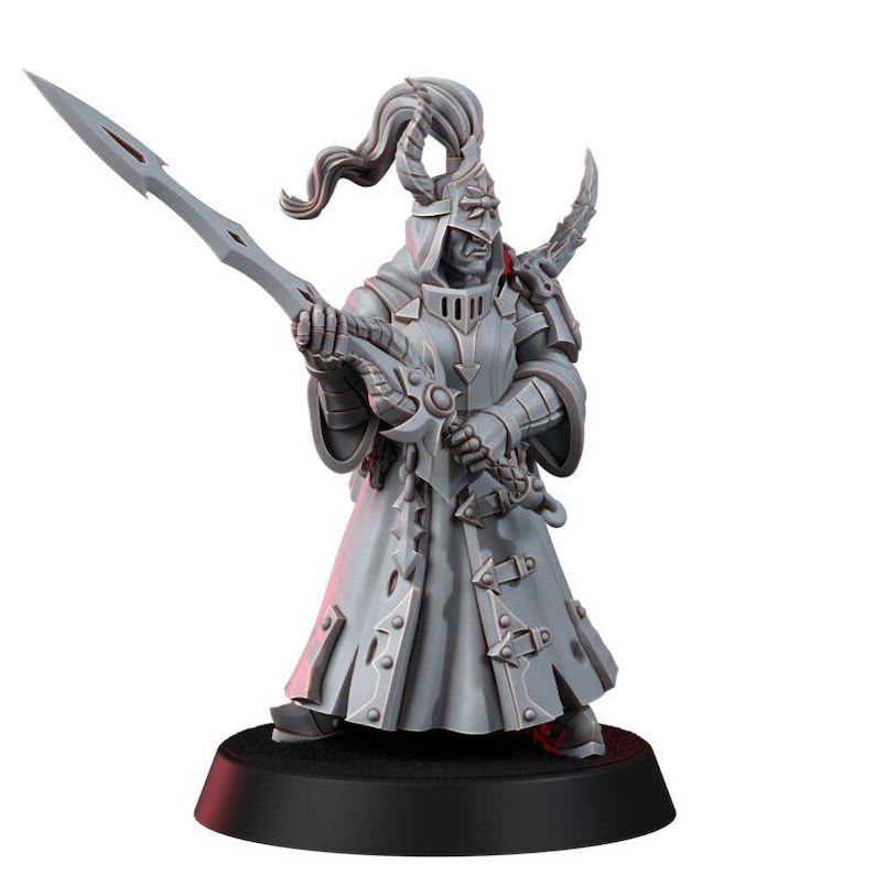 May include: A gray unpainted miniature figurine of a warrior wearing a long coat, armored plates, and a helmet with a high crest. The figure holds a long spear-like weapon with both hands and stands on a circular black base against a white background.