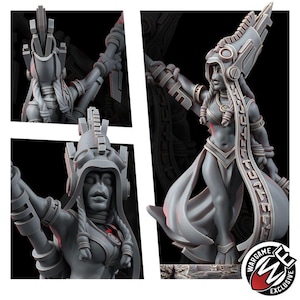 May include: A grey resin miniature figure of a warrior wearing an ornate, tall headdress with geometric patterns and braided hair. The figure holds a staff, wears a top and skirt, and features a Wargame Exclusive logo in the bottom corner.