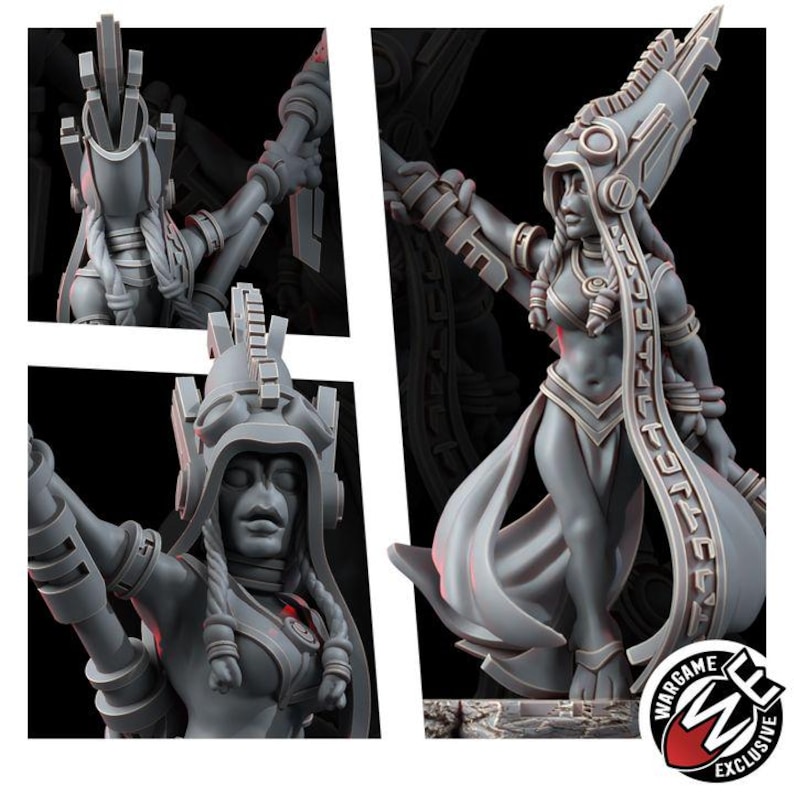 May include: A grey resin miniature figure of a warrior wearing an ornate, tall headdress with geometric patterns and braided hair. The figure holds a staff, wears a top and skirt, and features a Wargame Exclusive logo in the bottom corner.
