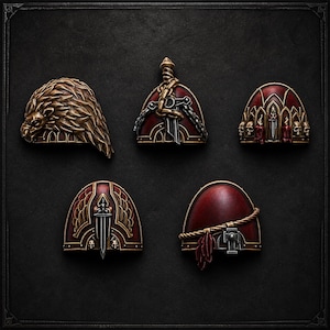 May include: Five miniature shoulder pads for gaming figures, each featuring a distinct design. One has a lion pelt, another a sword with chains, one with skulls and candles, one with a central sword and wings, and one with a rope and tassel.