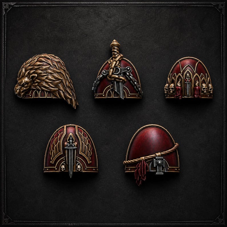 May include: Five miniature shoulder pads for gaming figures, each featuring a distinct design. One has a lion pelt, another a sword with chains, one with skulls and candles, one with a central sword and wings, and one with a rope and tassel.