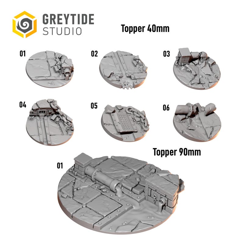May include: A collection of grey resin miniature base toppers from Greytide Studio. The set includes six 40mm circular toppers and one 90mm circular topper, each featuring detailed industrial debris, cracked pavement, pipes, chains, and metal grates.