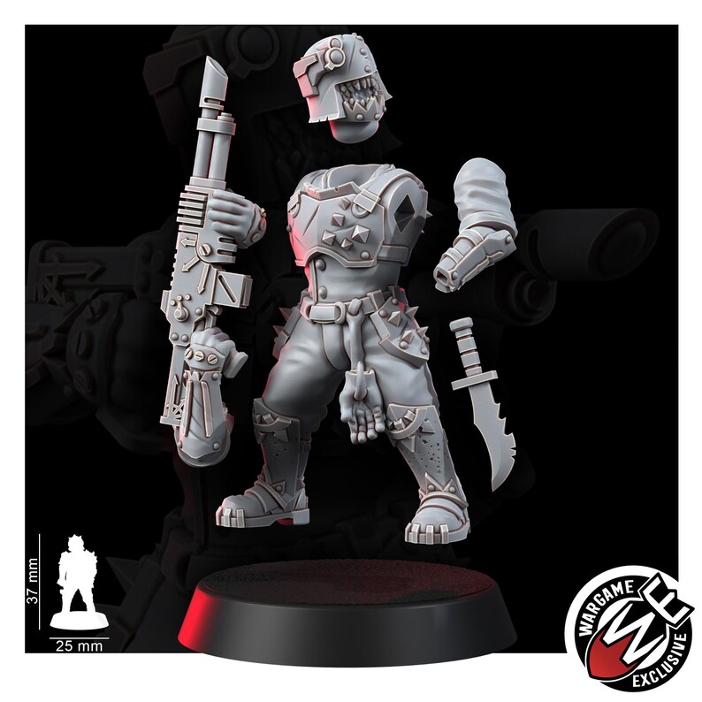 K&ouml;nnte beinhalten: Eine hellgraue Miniaturfigur aus Kunstharz mit einem Helm mit gezacktem Mundschutz, einem Torso mit nietenbesetzter R&uuml;stung und einer Hose mit G&uuml;rtel. Die Figur h&auml;lt ein gro&szlig;es Gewehr und wird von einem separaten Arm und einem gezackten Messer begleitet, 37 mm hoch.