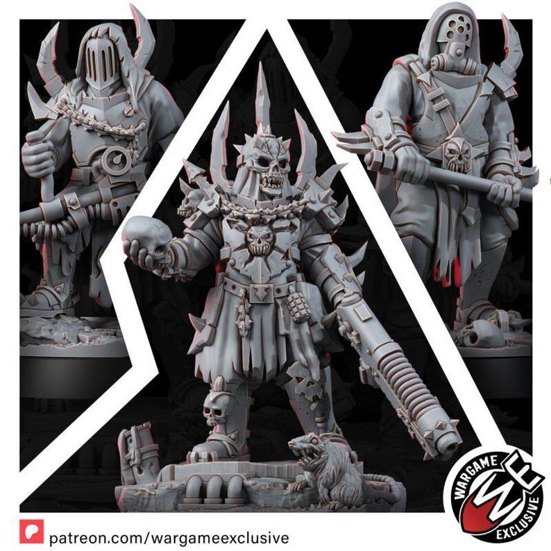 Pu&ograve; includere: Tre miniature in resina grigia con design scheletrici e corazzati. La figura centrale tiene in mano un teschio e un grande fucile, indossando un'armatura chiodata con motivi a teschio. Le figure laterali indossano elmi con cappuccio.