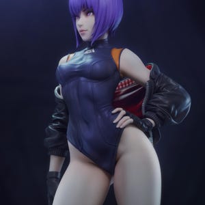 May include: A detailed figurine of a woman with short purple hair, wearing a dark blue bodysuit with orange accents. She has a black leather jacket draped over her shoulders and black gloves. The figure is posed against a dark background.