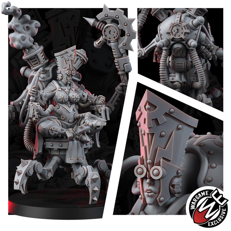 K&ouml;nnte beinhalten: Eine graue Miniaturfigur aus Kunstharz, die einen mechanischen Charakter mit hoher, verzierter Kopfbedeckung, Schutzbrille und einem Stachelstab zeigt. Die Figur steht auf einer mehrbeinigen Basis mit integrierten Schl&auml;uchen und Zahnr&auml;dern.