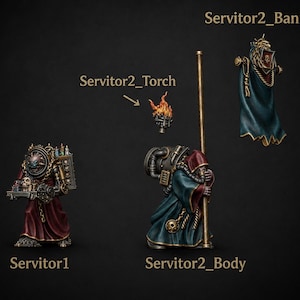 Puede incluir: Tres figuras en miniatura etiquetadas como Servitor1, Servitor2_Body, Servitor2_Torch y Servitor2_Banner. Servitor1 viste una t&uacute;nica roja y lleva una bandeja con una calavera. Servitor2_Body viste una t&uacute;nica azul, sostiene un bast&oacute;n y tiene una antorcha y un estandarte separados.
