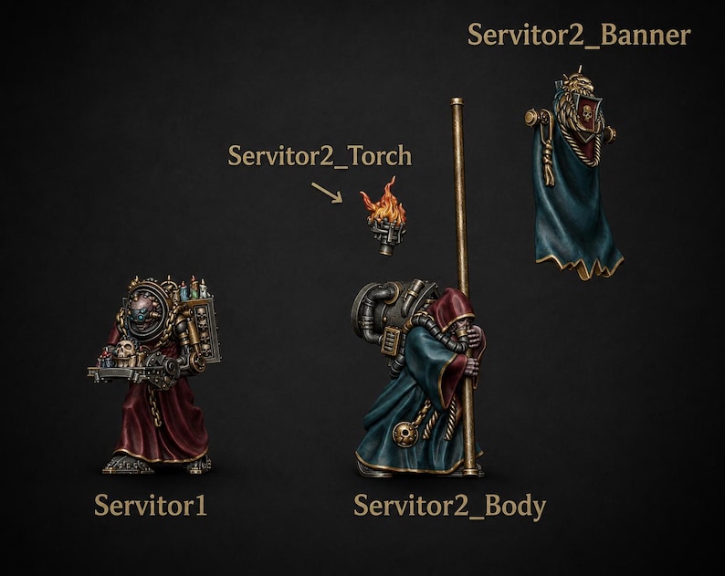Puede incluir: Tres figuras en miniatura etiquetadas como Servitor1, Servitor2_Body, Servitor2_Torch y Servitor2_Banner. Servitor1 viste una t&uacute;nica roja y lleva una bandeja con una calavera. Servitor2_Body viste una t&uacute;nica azul, sostiene un bast&oacute;n y tiene una antorcha y un estandarte separados.
