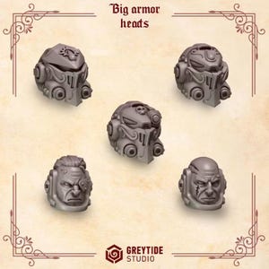 May include: A set of five grey miniature armor heads labeled Big armor heads. Three heads feature full helmets with ornate detailing and two heads are unhelmeted, showing facial features including a scar and an eye patch. Greytide Studio logo.