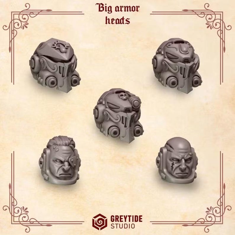 May include: A set of five grey miniature armor heads labeled Big armor heads. Three heads feature full helmets with ornate detailing and two heads are unhelmeted, showing facial features including a scar and an eye patch. Greytide Studio logo.