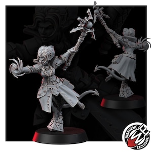 May include: A grey resin miniature figure of a horned character with a tail, wearing a long coat and armor. The figure holds a staff with a spherical top in one hand and displays a swirling energy effect in the other, standing on a black base.