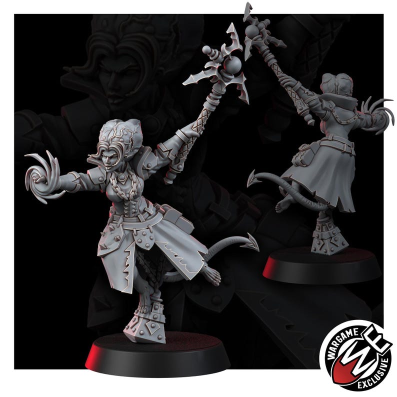May include: A grey resin miniature figure of a horned character with a tail, wearing a long coat and armor. The figure holds a staff with a spherical top in one hand and displays a swirling energy effect in the other, standing on a black base.