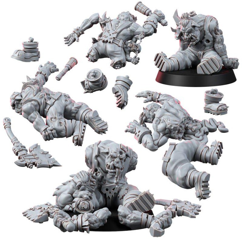 Op de afbeelding: Een verzameling ongeverfde grijze hars miniatuurfiguren die ork-achtige wezens uitbeelden in verschillende staten van verminking en gevechtshoudingen, inclusief losse ledematen, afgehakte hoofden en grote wapens zoals bijlen en knotsen.