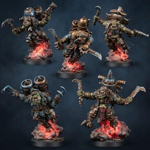 May include: Five green-skinned orc miniatures in flight gear, each equipped with jetpacks emitting glowing orange smoke. They wear metallic armor, goggles, and carry various bladed weapons and pistols, all mounted on circular black bases.