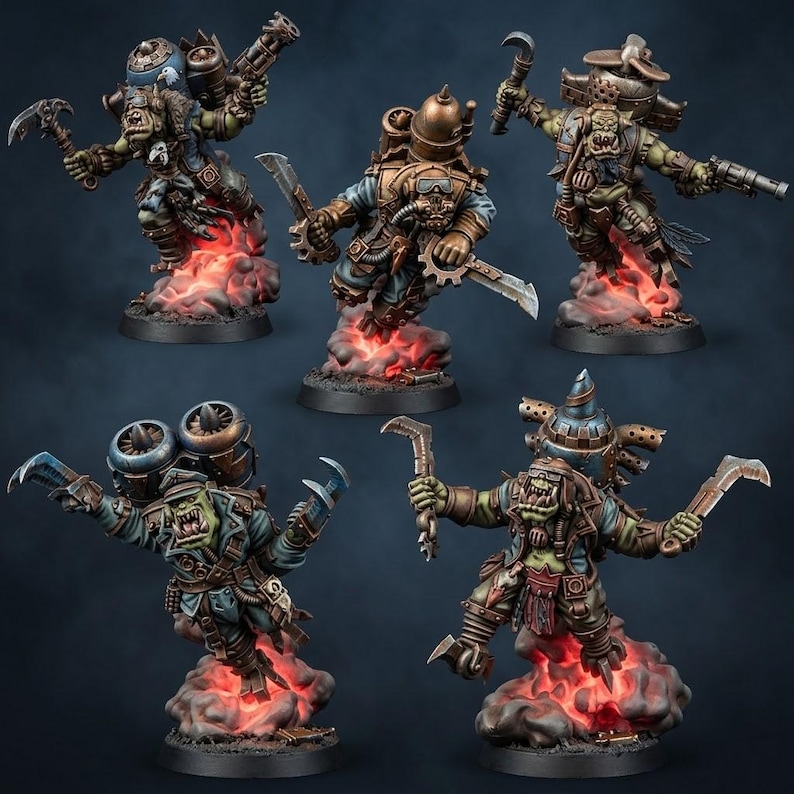 May include: Five green-skinned orc miniatures in flight gear, each equipped with jetpacks emitting glowing orange smoke. They wear metallic armor, goggles, and carry various bladed weapons and pistols, all mounted on circular black bases.