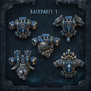 May include: A collection of five miniature sci-fi style backpacks labeled BACKPAKES 1. Each piece features metallic blue and bronze detailing, intricate knotwork, and unique sculptural elements including wolf heads, skulls, and circular shields.