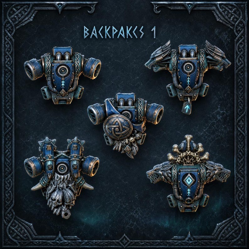 May include: A collection of five miniature sci-fi style backpacks labeled BACKPAKES 1. Each piece features metallic blue and bronze detailing, intricate knotwork, and unique sculptural elements including wolf heads, skulls, and circular shields.
