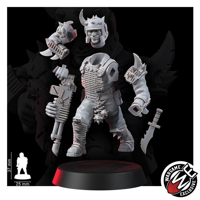 K&ouml;nnte beinhalten: Ein hellgrauer Resin-Miniaturenbausatz mit einer Soldatenfigur mit Stachelhelm, gerippter Brustplatte und Waffe. Das Set enth&auml;lt separate Arme, einen Kopf, ein Messer und einen Sockel. Eine Skala zeigt eine H&ouml;he von 37 mm und eine 25 mm Basis.