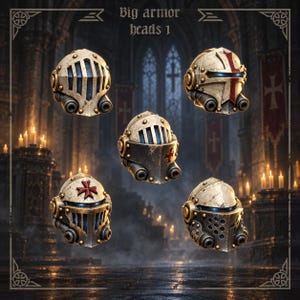 Op de afbeelding: Vijf afzonderlijke ridderhelmen gerangschikt in een groep, elk met metalen afwerkingen, vizierspleten en decoratieve rode kruisemblemen. De tekst "Big armor heads 1" staat bovenaan in het midden van de afbeelding boven de helmen.