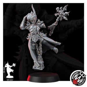 May include: A grey resin miniature figure wearing a long coat with spiked shoulder armor, holding a jagged star-shaped staff. The figure has a cybernetic eye piece and stands on a 25 mm base, with a total height of 54 mm as indicated by the scale.