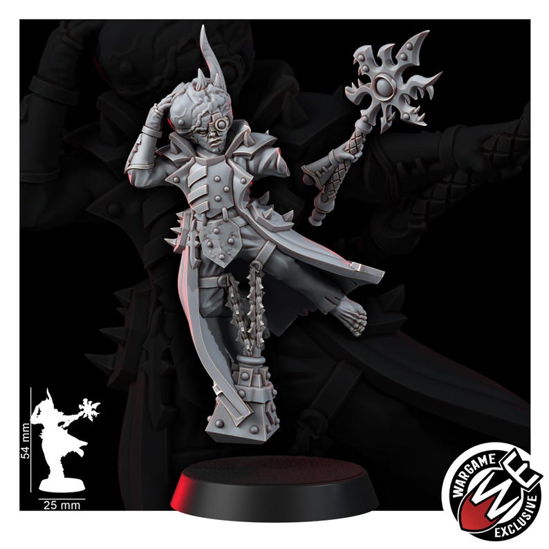 May include: A grey resin miniature figure wearing a long coat with spiked shoulder armor, holding a jagged star-shaped staff. The figure has a cybernetic eye piece and stands on a 25 mm base, with a total height of 54 mm as indicated by the scale.