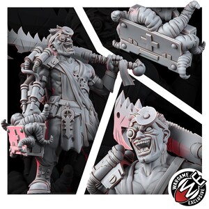 Puede incluir: Una figura miniatura de resina gris de un personaje con espejo frontal, sosteniendo una gran hoja dentada y una caja m&eacute;dica con tent&aacute;culos que emergen de ella. El personaje lleva una banda y componentes de brazo mec&aacute;nico. Incluye logo Wargame Exclusive.