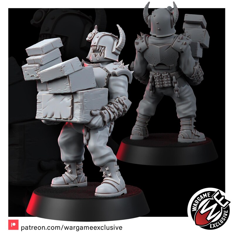 May include: A gray resin miniature figure of a warrior wearing a horned helmet with a jagged mouth guard, carrying a stack of rectangular crates. The figure features spiked shoulder armor, gauntlets, and boots, standing on a circular base.