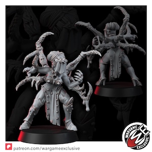 May include: A gray miniature figurine of a humanoid creature with multiple insect-like limbs extending from its back. The figure wears a spiked collar, a veil over its eyes, and a studded skirt. It stands on a circular black base in two views.
