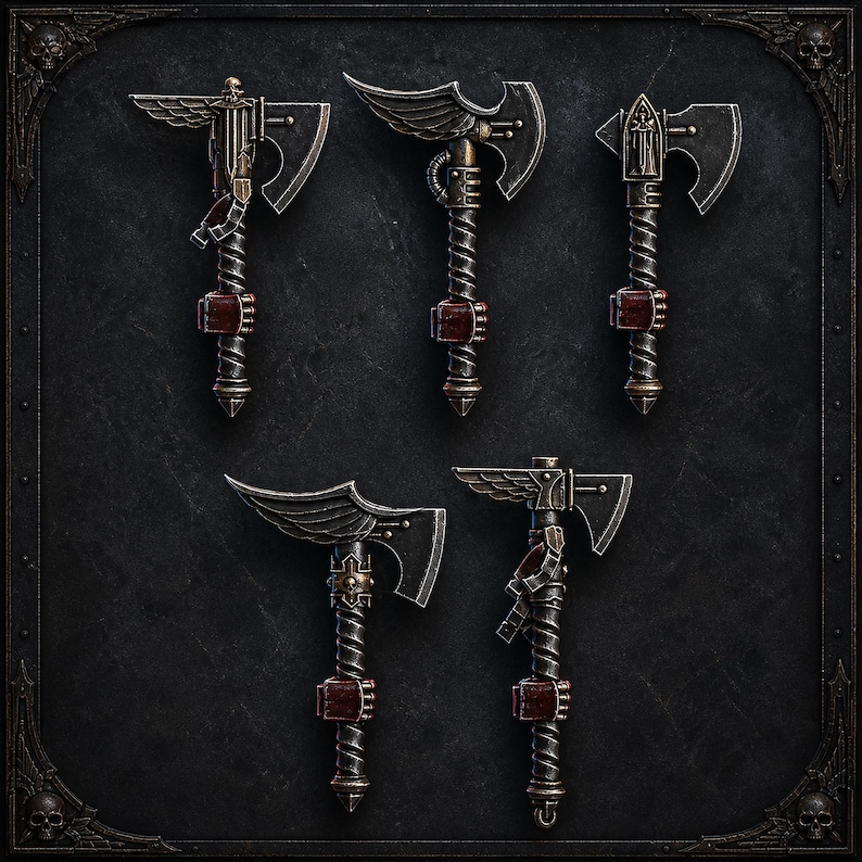 Puede incluir: Un conjunto de cinco hachas en miniatura con acabados met&aacute;licos en plata y bronce. Cada hacha tiene un mango en espiral, una secci&oacute;n de agarre de color rojo oscuro y elementos decorativos &uacute;nicos que incluyen alas, calaveras e iconograf&iacute;a.