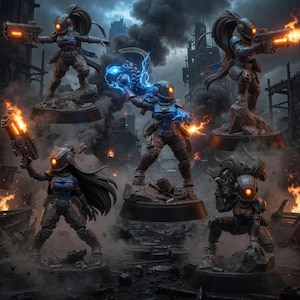 Peut inclure: Cinq figurines miniatures de soldats de science-fiction en armure bleu fonc&eacute; avec des visi&egrave;res orange lumineuses. Chaque figurine est sur un socle circulaire, en position de combat avec des fusils futuristes et des effets &eacute;lectriques bleus.