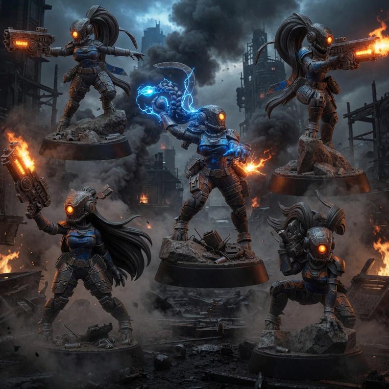 Peut inclure: Cinq figurines miniatures de soldats de science-fiction en armure bleu fonc&eacute; avec des visi&egrave;res orange lumineuses. Chaque figurine est sur un socle circulaire, en position de combat avec des fusils futuristes et des effets &eacute;lectriques bleus.