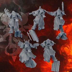K&ouml;nnte beinhalten: Ein Set aus f&uuml;nf unbemalten, grauen Kunststoff-Miniatur-Soldatenfiguren in dynamischen Posen. Jede Figur tr&auml;gt eine schwere R&uuml;stung mit einem wehenden Umhang, ein Jetpack auf dem R&uuml;cken und h&auml;lt eine Waffe. Die Figuren stehen auf strukturierten Basen.