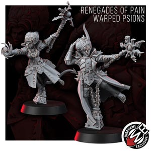 May include: Two grey miniature figures titled RENEGADES OF PAIN WARPED PSIONS. Each figure wears a long coat and stands on a circular base. One figure holds a star-shaped staff, while the other displays a hand gesture. Both have detailed armor.