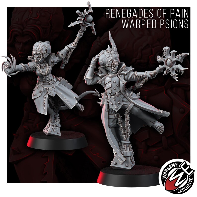 May include: Two grey miniature figures titled RENEGADES OF PAIN WARPED PSIONS. Each figure wears a long coat and stands on a circular base. One figure holds a star-shaped staff, while the other displays a hand gesture. Both have detailed armor.