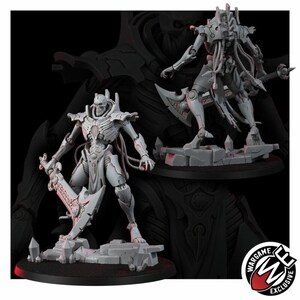 K&ouml;nnte beinhalten: Eine hellgraue Miniaturfigur eines skelettartigen Roboter-Kriegers, der auf einem felsigen Sockel steht. Die Figur hat einen totenkopfartigen Kopf, eine Brustkorbstruktur und mechanische Schl&auml;uche und h&auml;lt eine gro&szlig;e, verzierte Klinge.