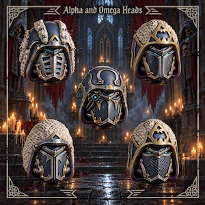 May include: Five detailed sci-fi helmets labeled Alpha and Omega Heads. Each helmet features dark metallic plating, gold trim, and unique visor designs. Some include textured white fur-like hoods or intricate mechanical details and glowing blue accents.