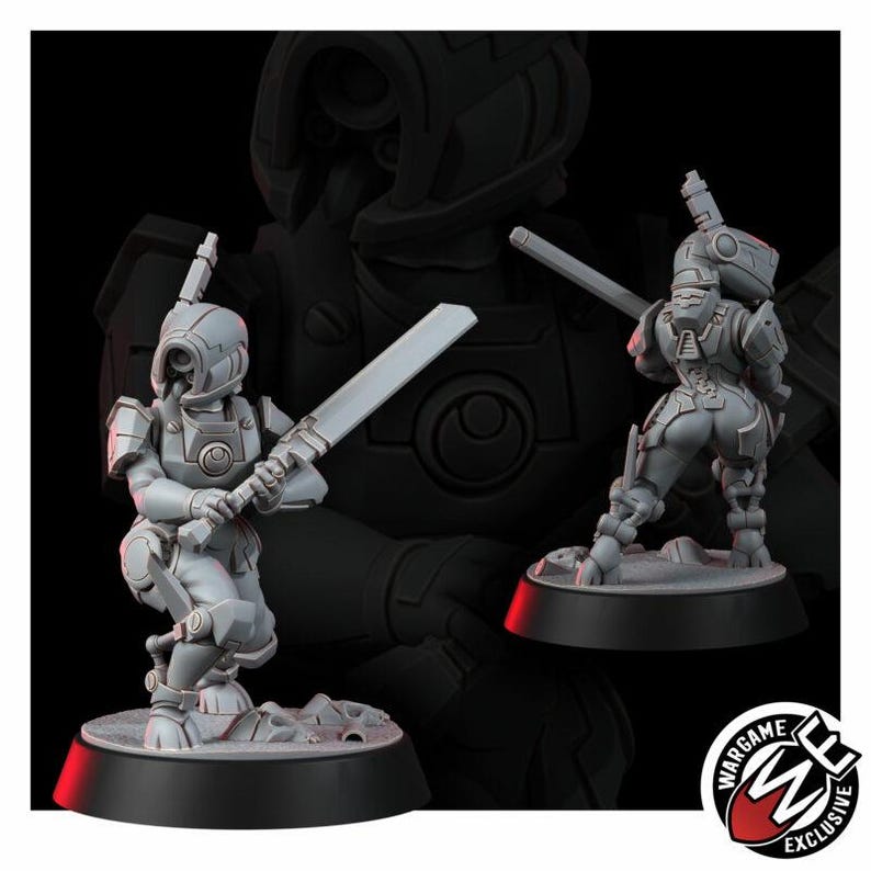 May include: Two grey resin miniature figures of armored warriors standing on circular black bases. Each figure wears a helmet with a single circular lens and carries a long, rectangular blade. The armor features segmented plating and a circular emblem on the chest.